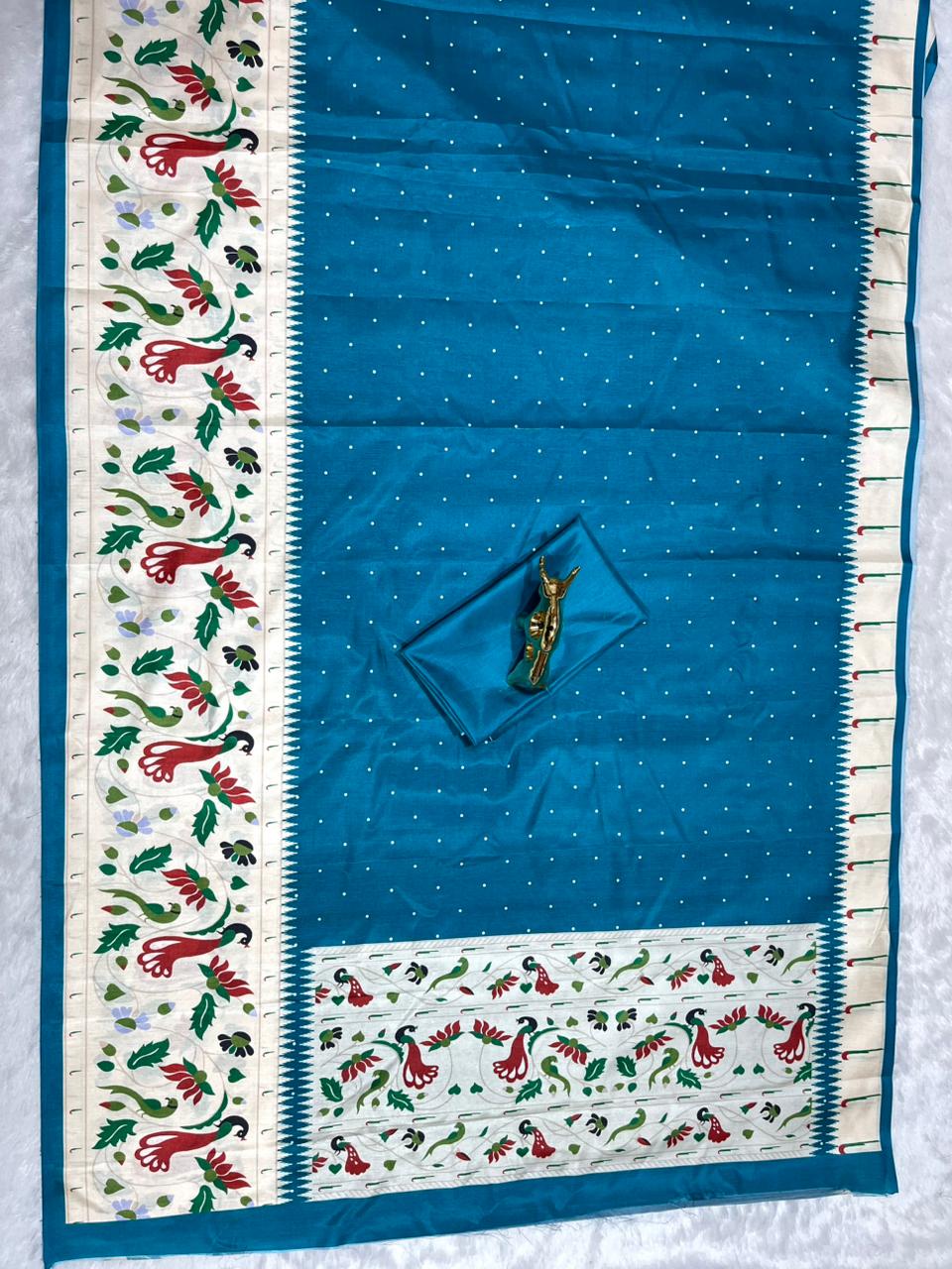 Teal Blue  Soft Silk Saree with Paithani Digital Print