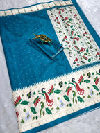 Teal Blue  Soft Silk Saree with Paithani Digital Print