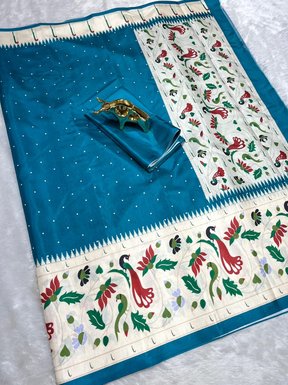 Teal Blue  Soft Silk Saree with Paithani Digital Print