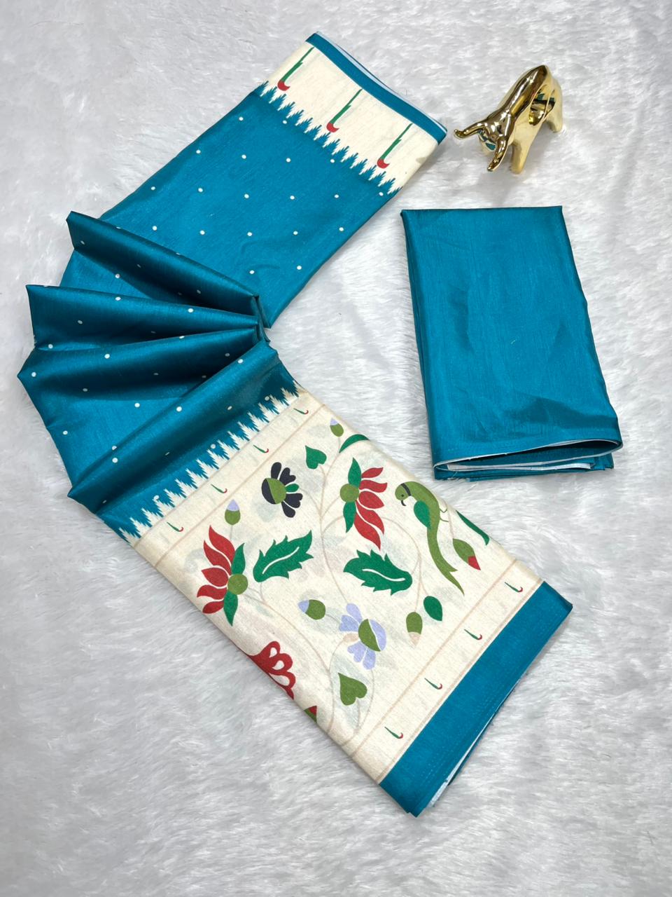 Teal Blue  Soft Silk Saree with Paithani Digital Print