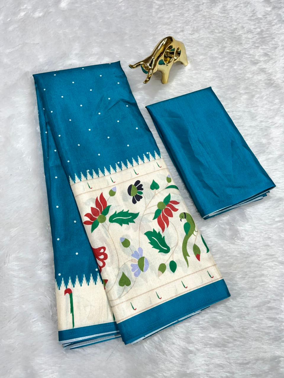 Teal Blue  Soft Silk Saree with Paithani Digital Print