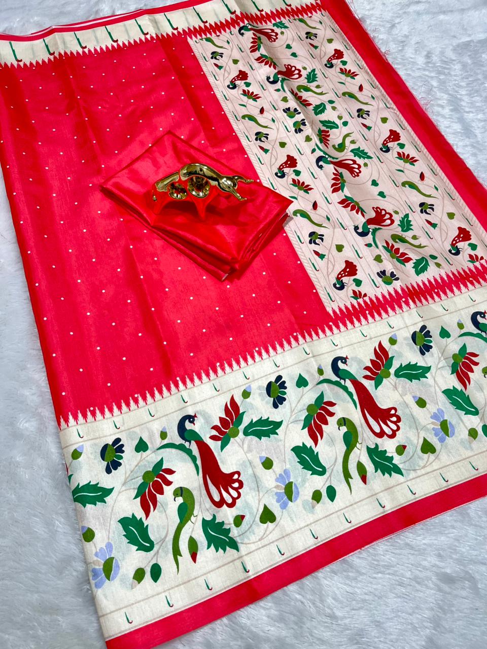 Gajri  Soft Silk Saree with Paithani Digital Print