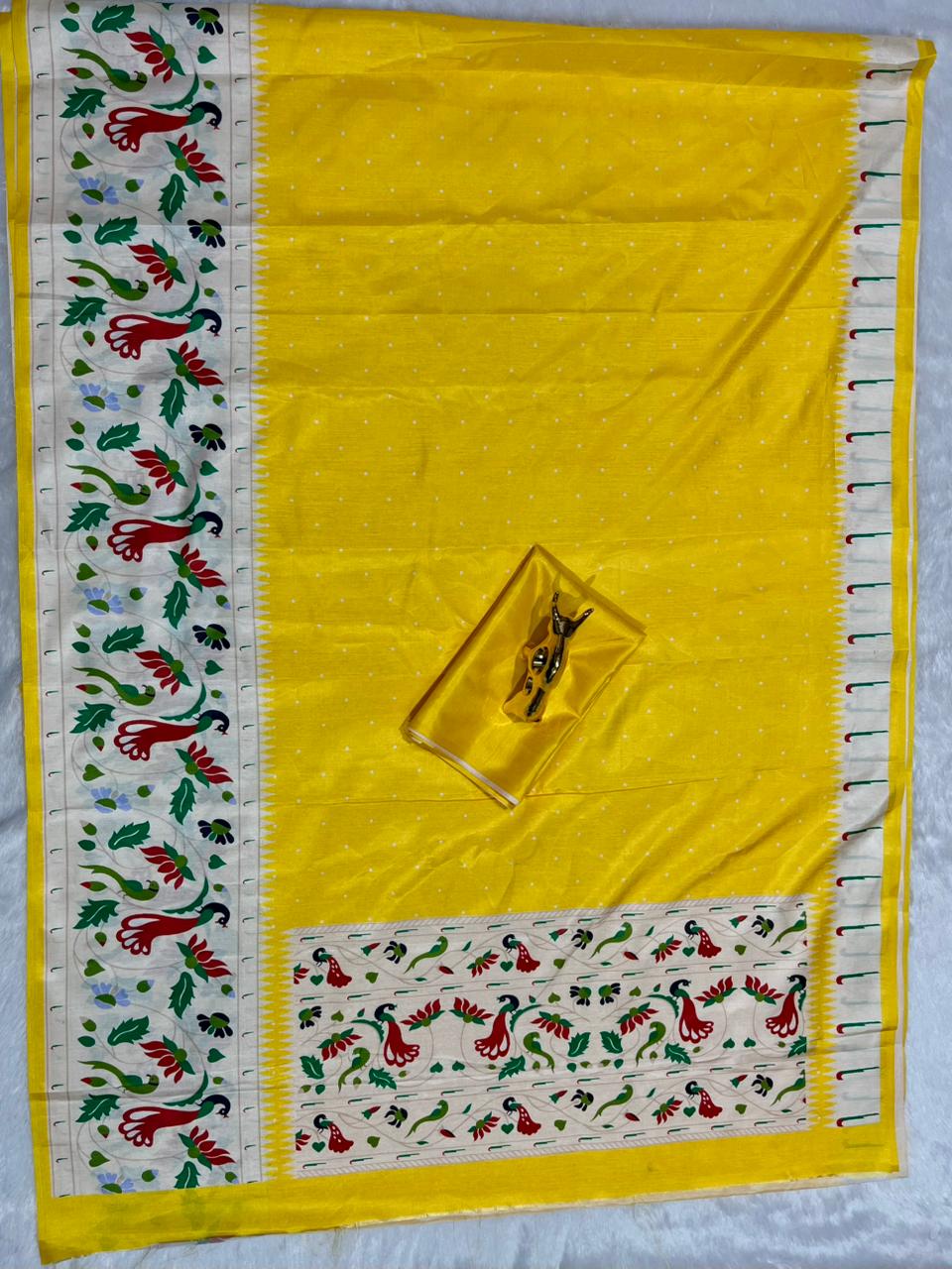 Yellow Soft Silk Saree with Paithani Digital Print