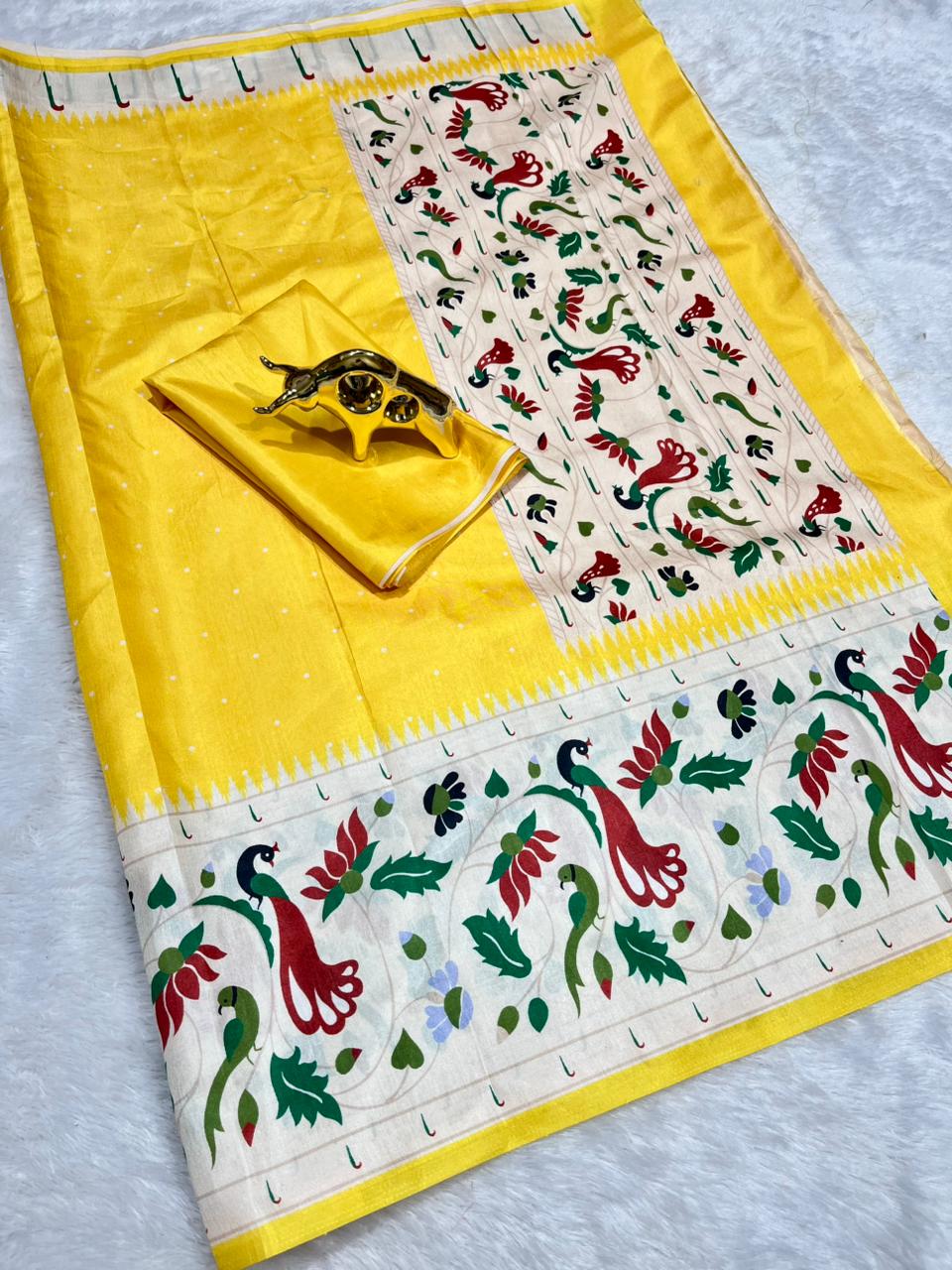 Yellow Soft Silk Saree with Paithani Digital Print
