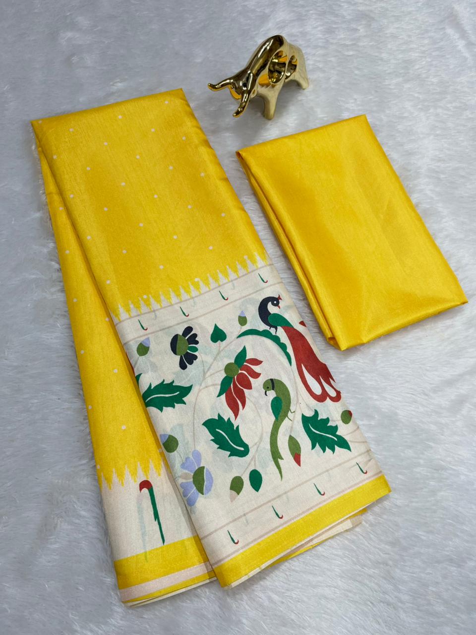 Yellow Soft Silk Saree with Paithani Digital Print