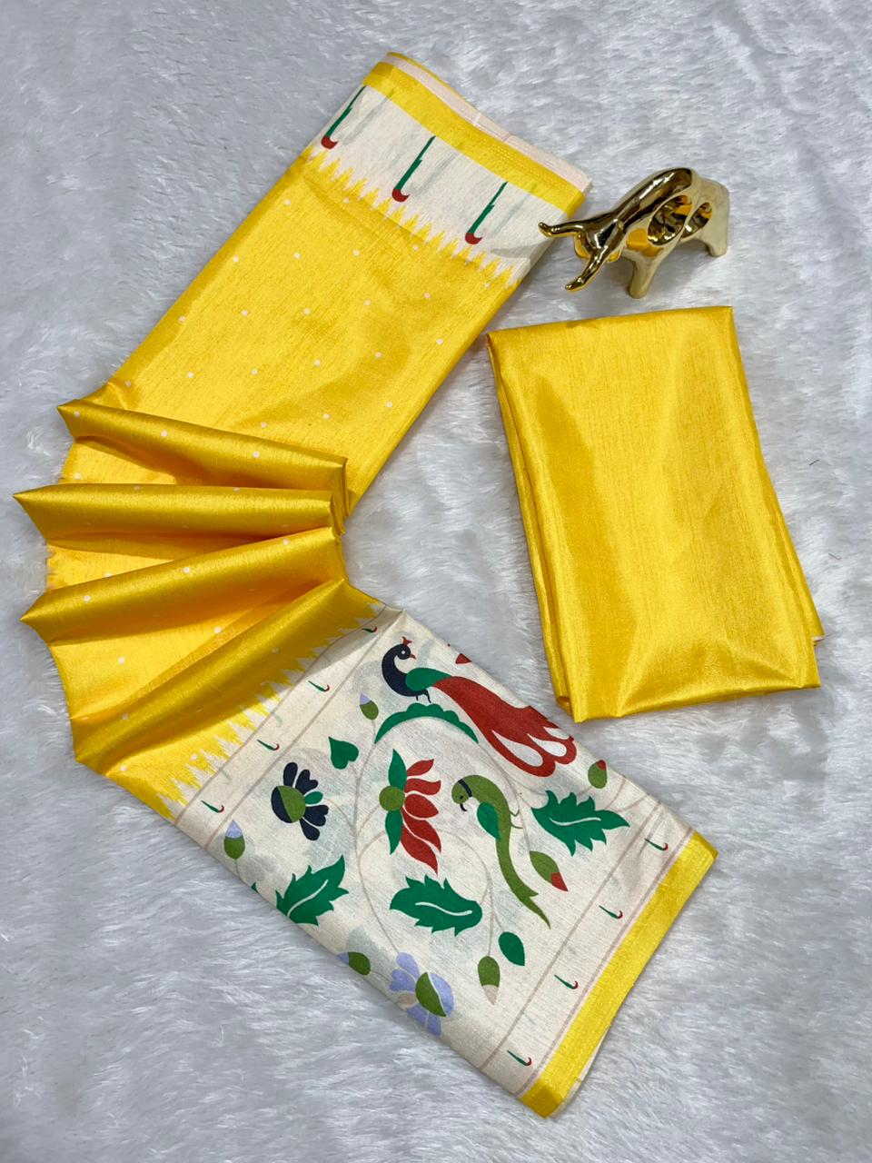 Yellow Soft Silk Saree with Paithani Digital Print