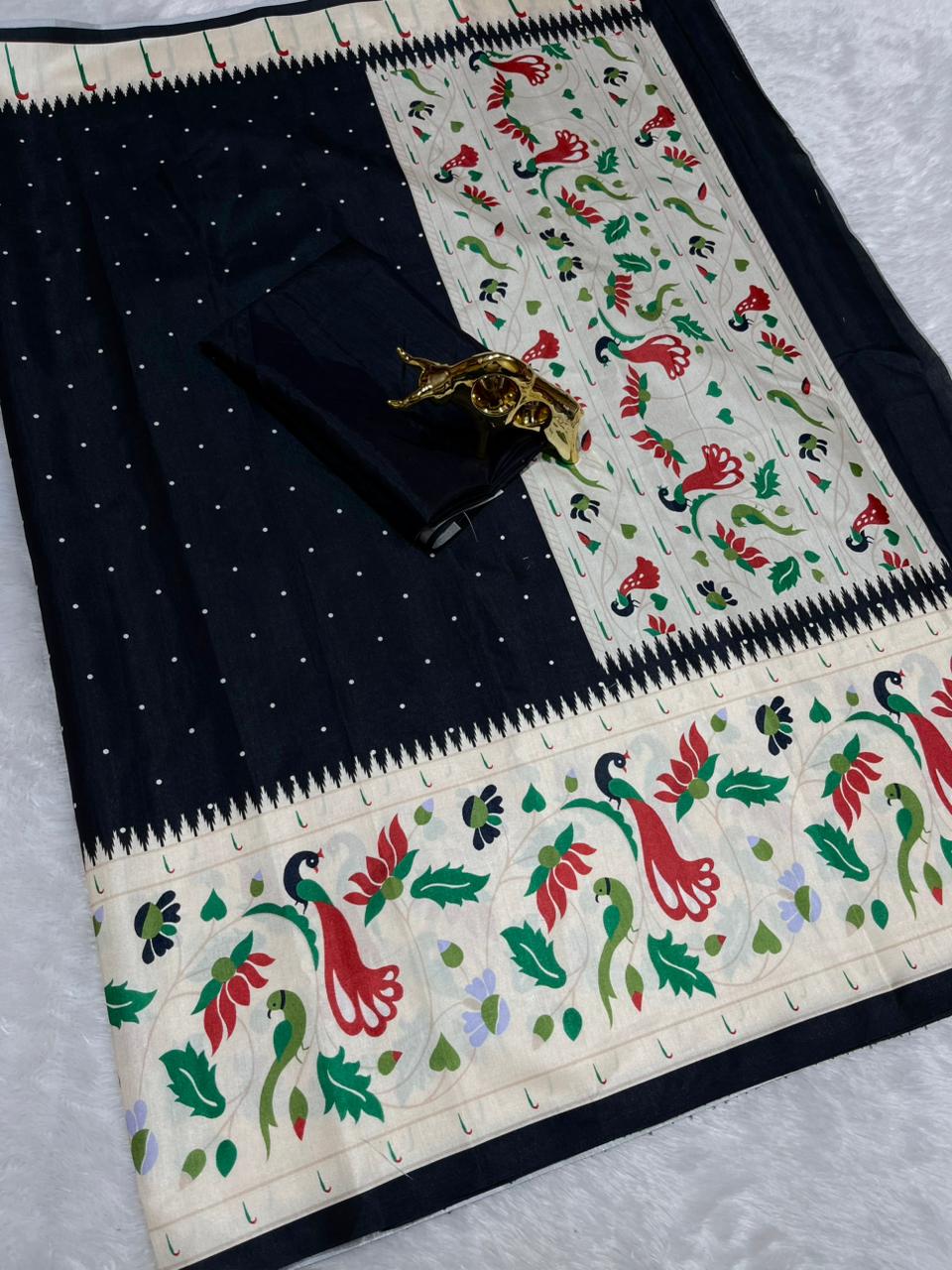 Black Soft Silk Saree with Paithani Digital Print