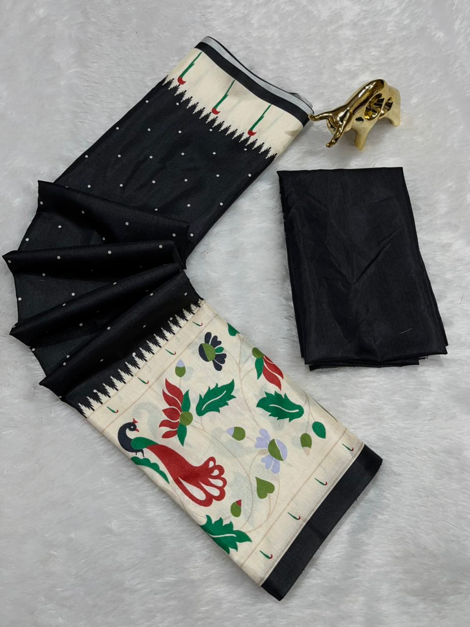 Black Soft Silk Saree with Paithani Digital Print