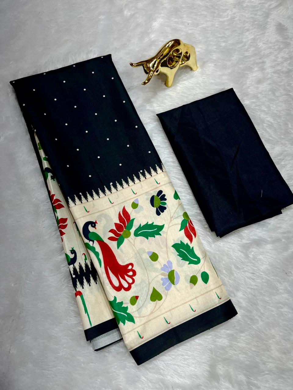 Black Soft Silk Saree with Paithani Digital Print