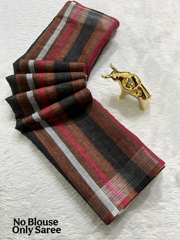 Soft Linen Cotton Saree with Stripe Digital Prints