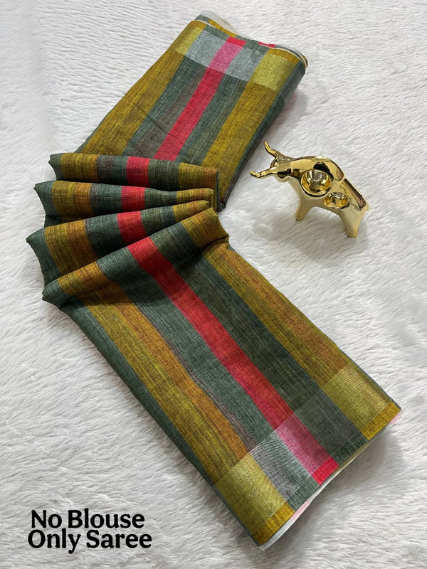 Soft Linen Cotton Saree with Stripe Digital Prints