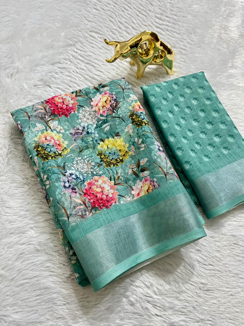 Linen Cotton Saree with Floral Digital Prints