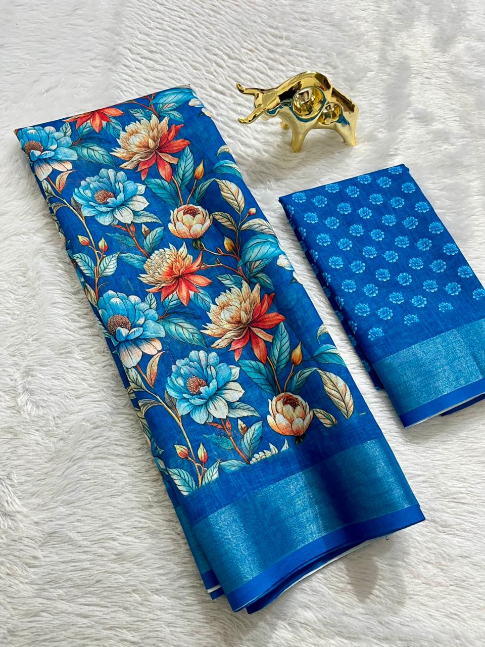 Linen Cotton Saree with Floral Digital Prints