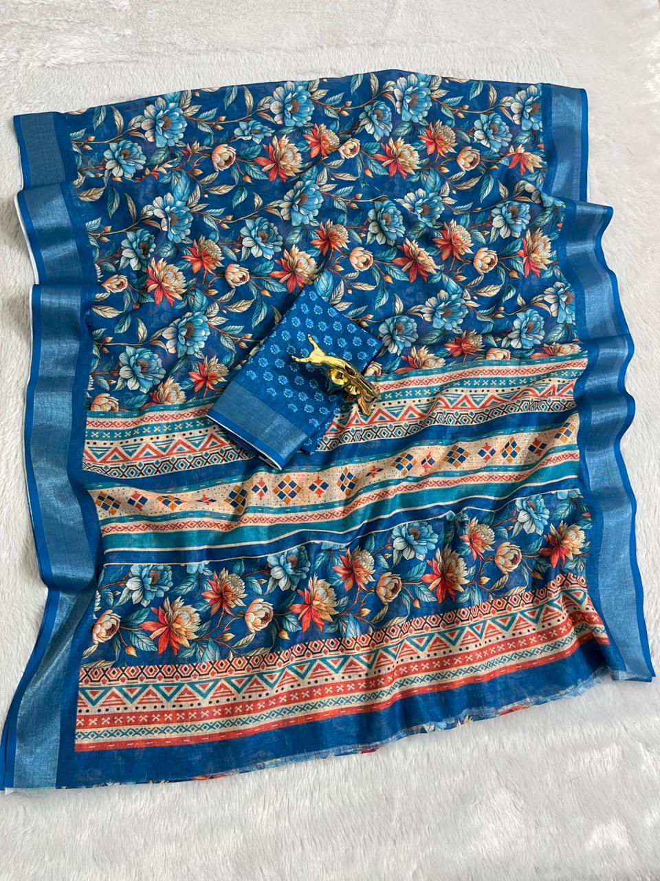 Linen Cotton Saree with Floral Digital Prints