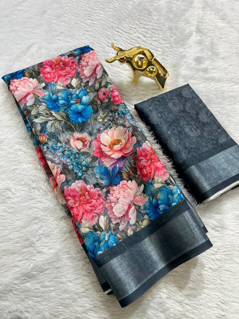 Linen Cotton Saree with Floral Digital Prints