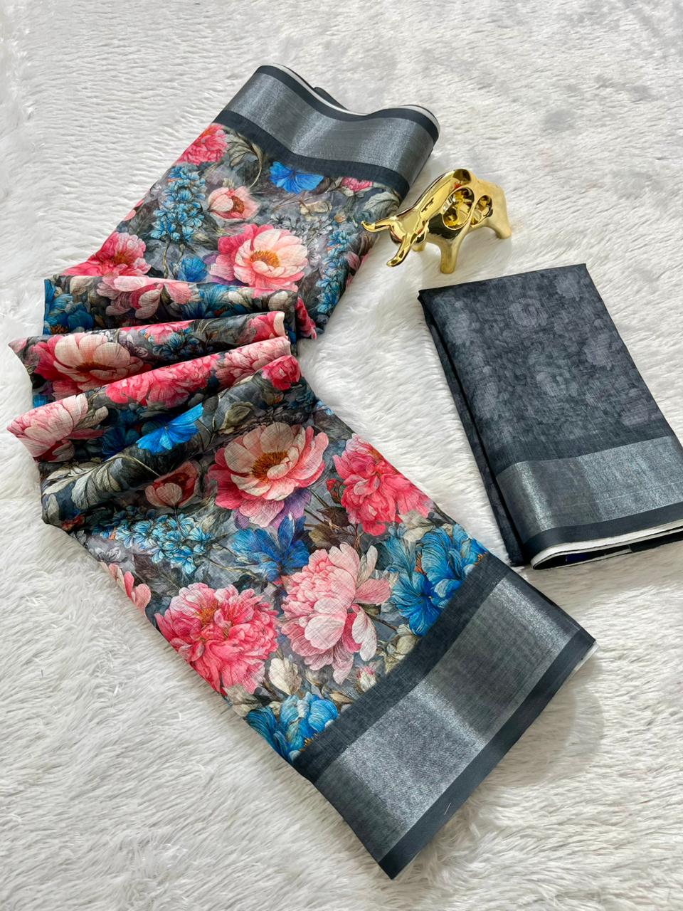 Linen Cotton Saree with Floral Digital Prints