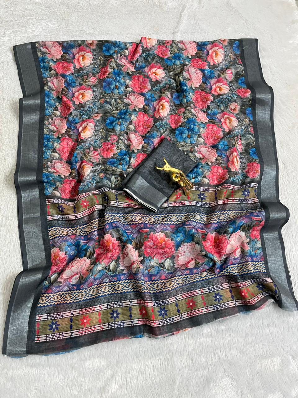 Linen Cotton Saree with Floral Digital Prints
