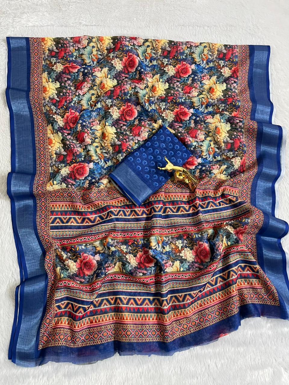 Linen Cotton Saree with Floral Digital Prints