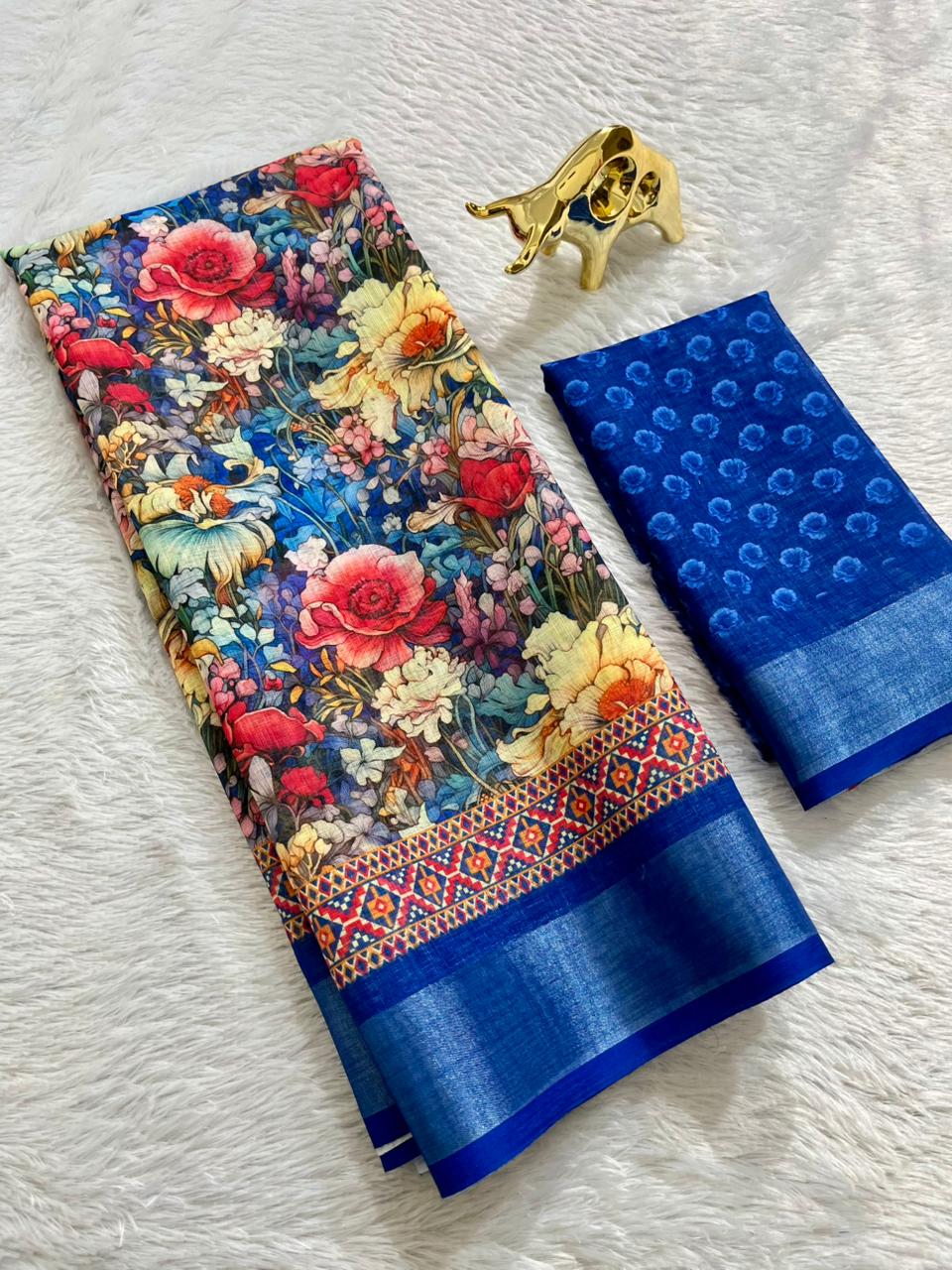 Linen Cotton Saree with Floral Digital Prints