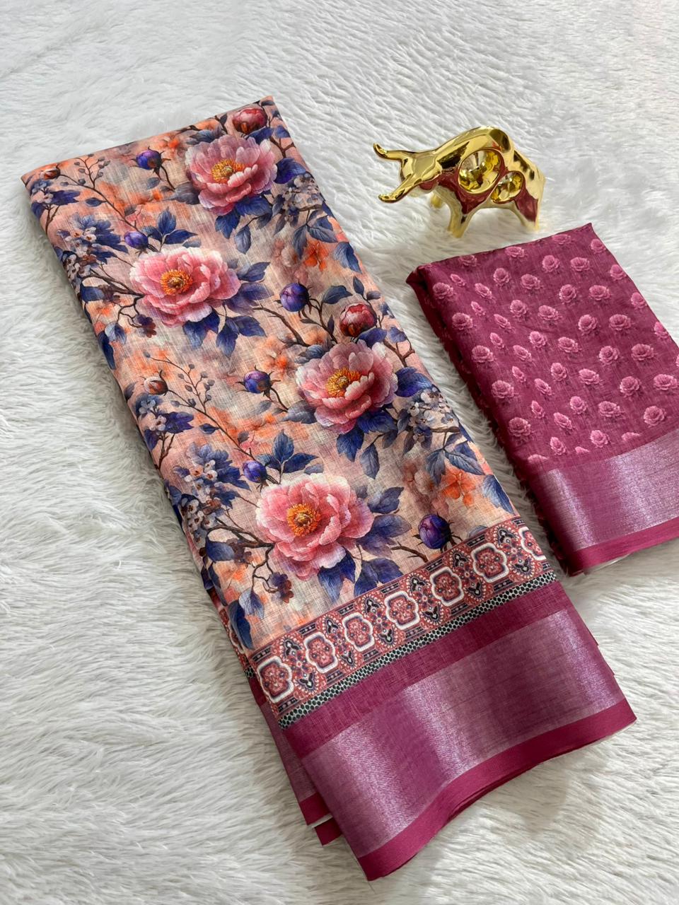Linen Cotton Saree with Floral Digital Prints