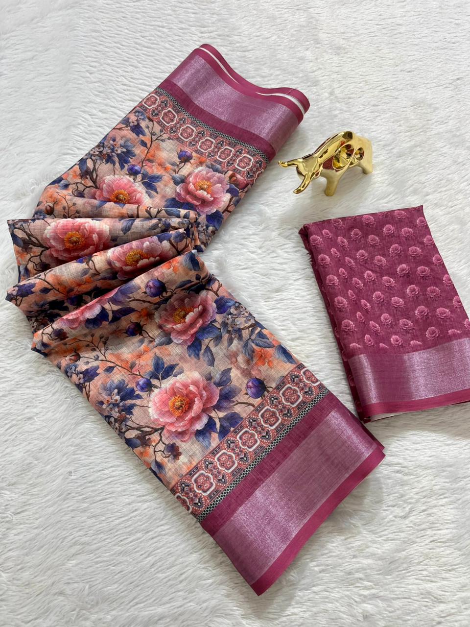 Linen Cotton Saree with Floral Digital Prints