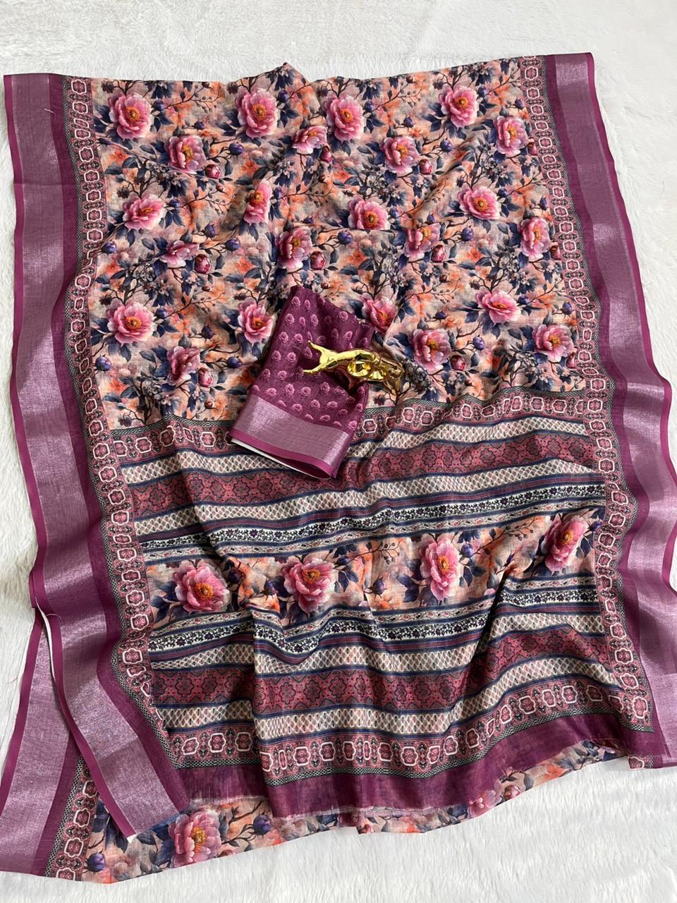 Linen Cotton Saree with Floral Digital Prints