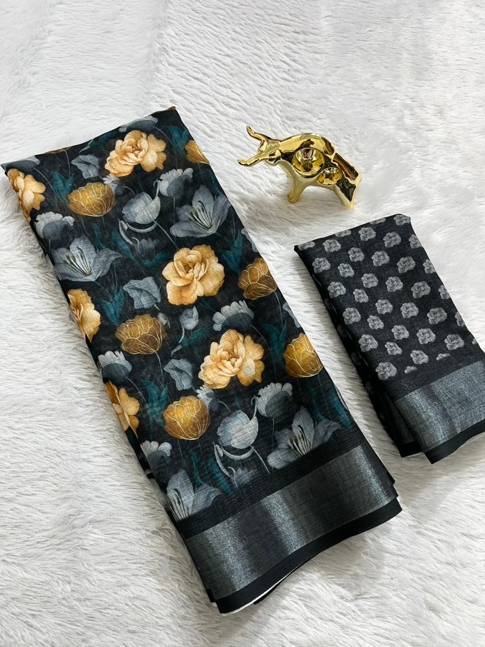 Linen Cotton Saree with Floral Digital Prints