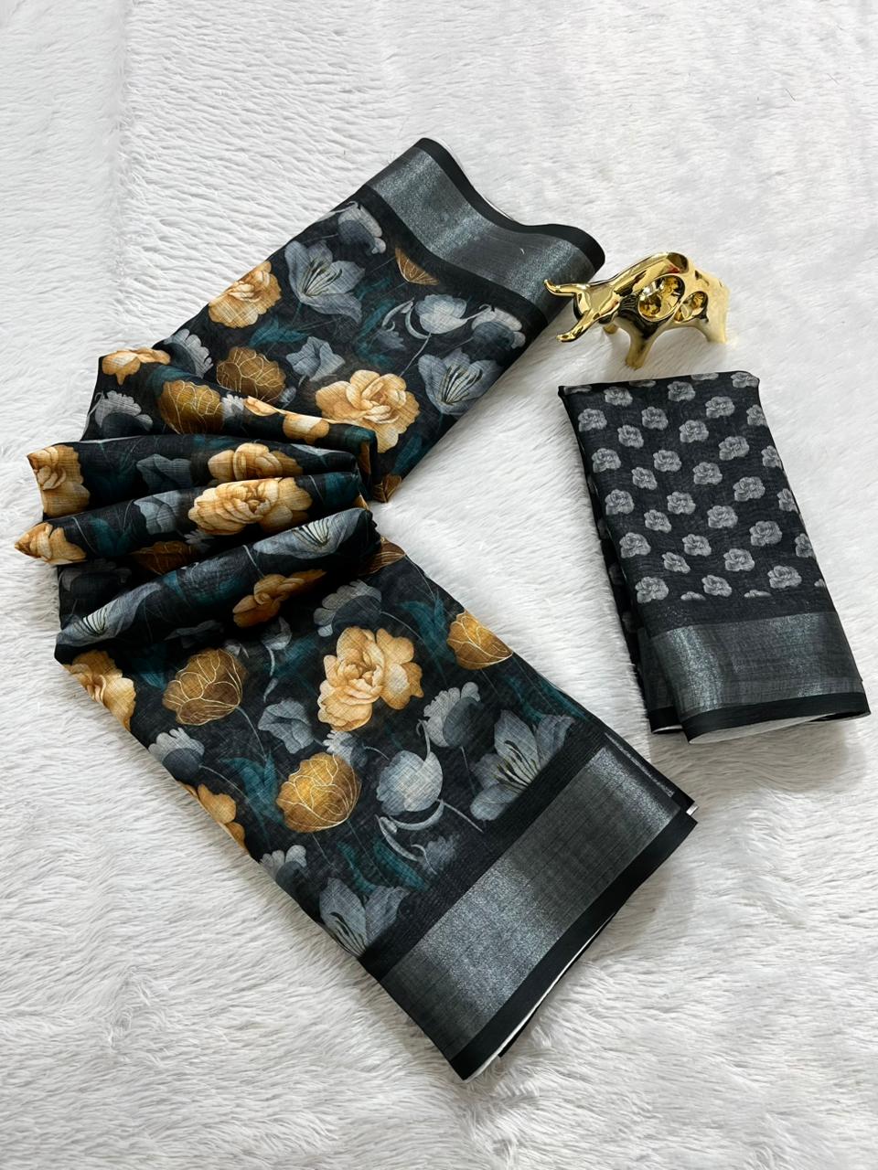 Linen Cotton Saree with Floral Digital Prints