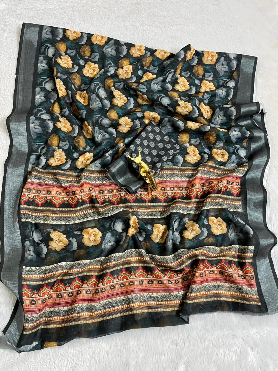 Linen Cotton Saree with Floral Digital Prints