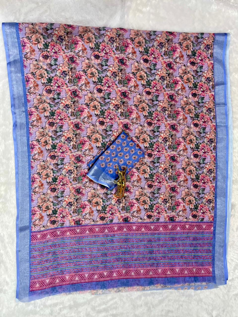 Linen Cotton Saree with Zari Weave Border & Floral Digital Prints