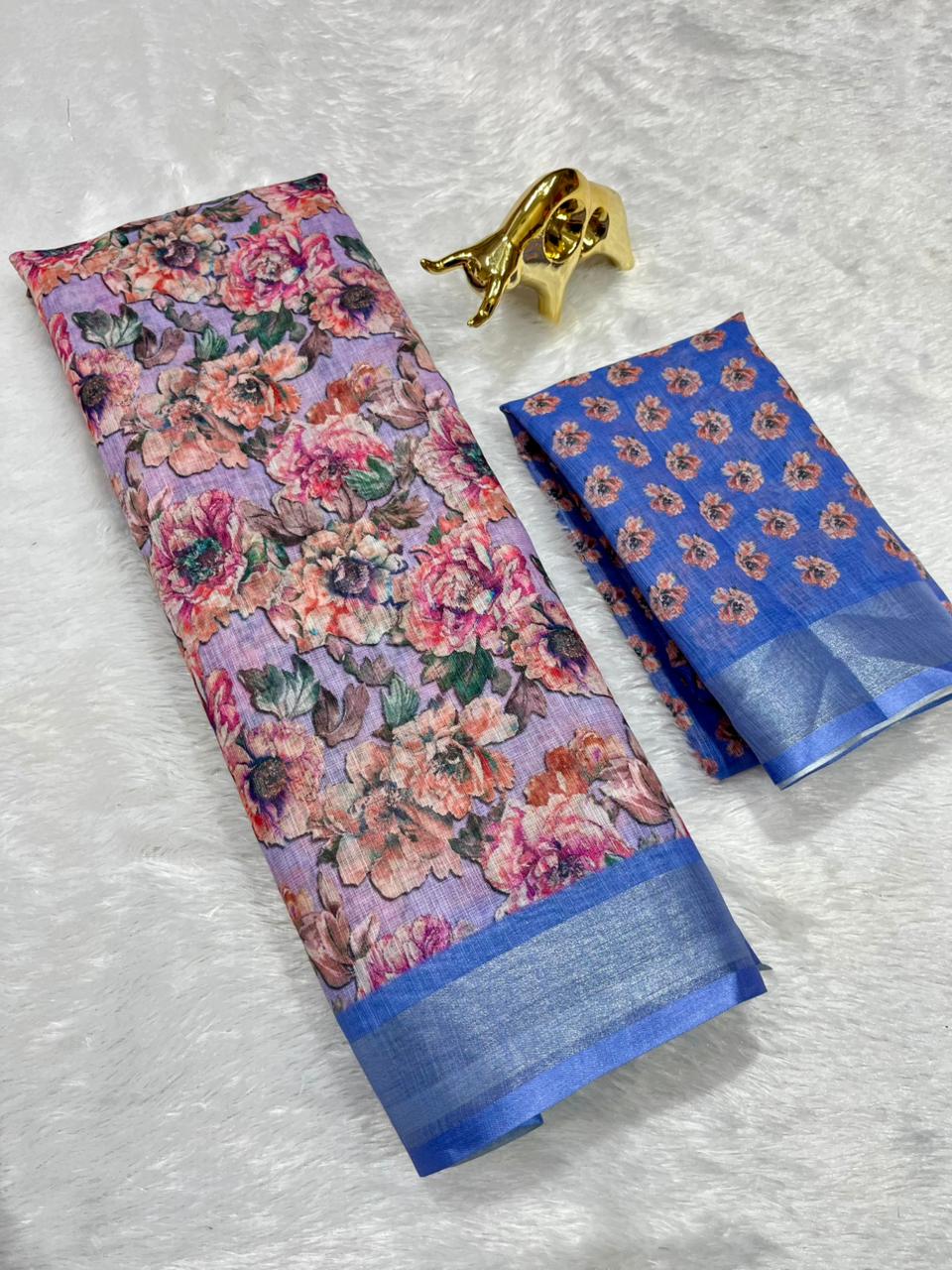 Linen Cotton Saree with Zari Weave Border & Floral Digital Prints