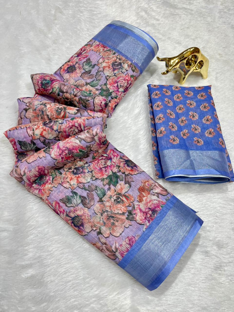 Linen Cotton Saree with Zari Weave Border & Floral Digital Prints