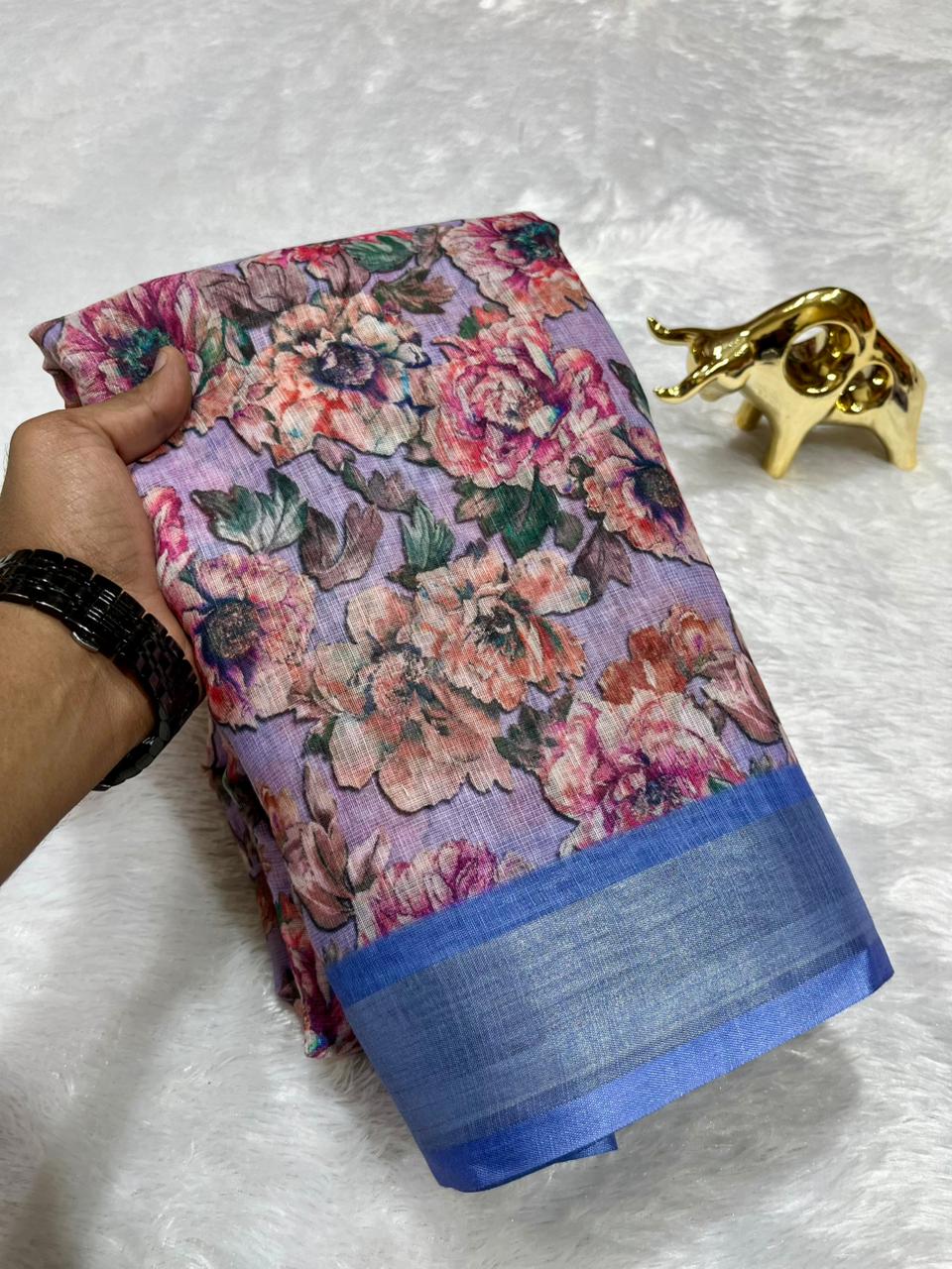 Linen Cotton Saree with Zari Weave Border & Floral Digital Prints