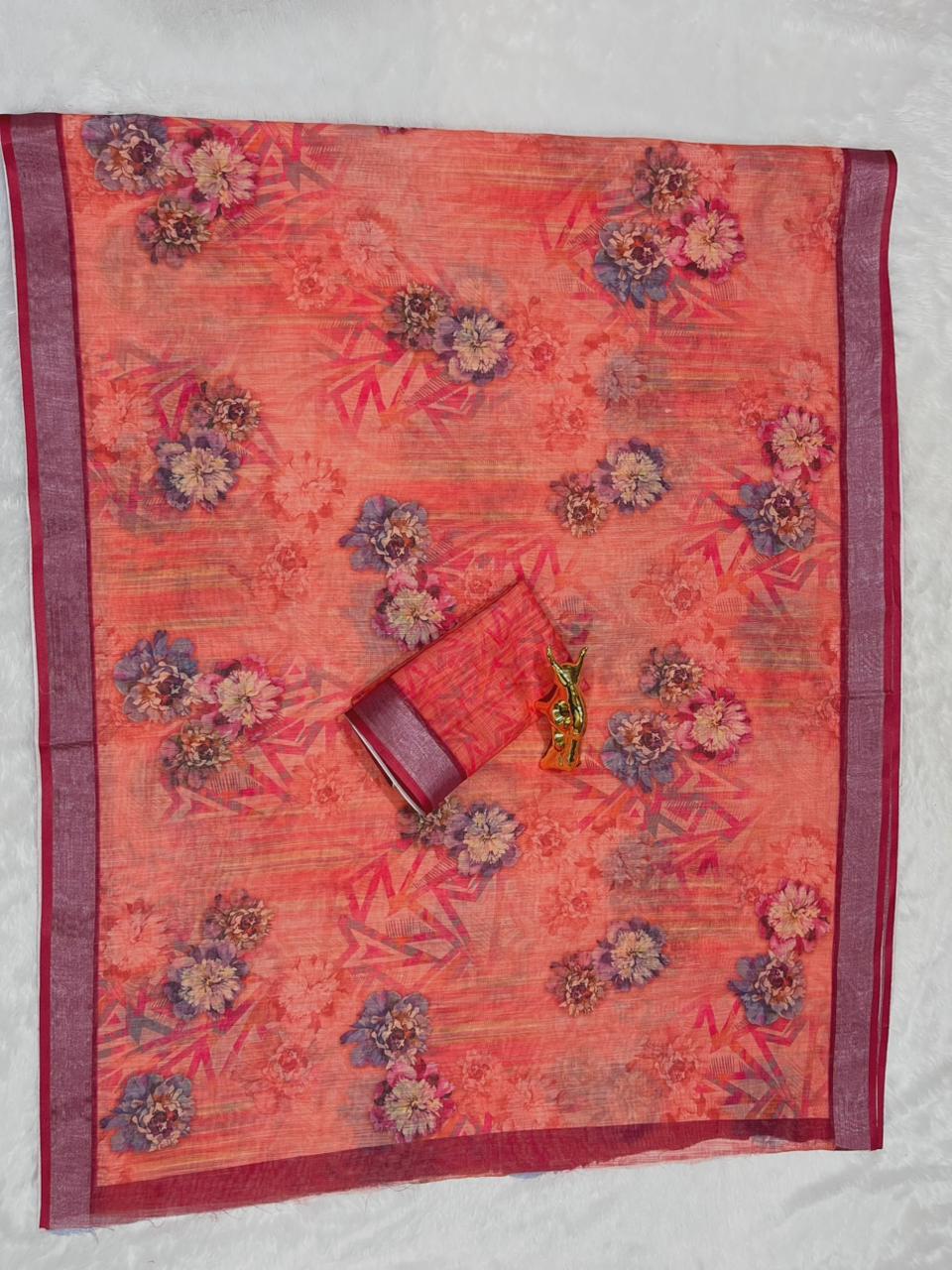 Linen Cotton Saree with Zari Weave Border & Floral Digital Prints