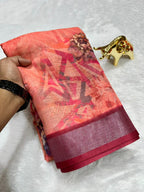 Linen Cotton Saree with Zari Weave Border & Floral Digital Prints