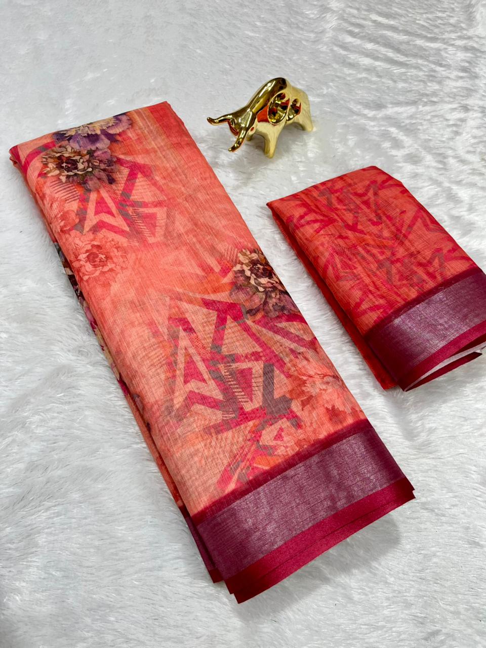 Linen Cotton Saree with Zari Weave Border & Floral Digital Prints