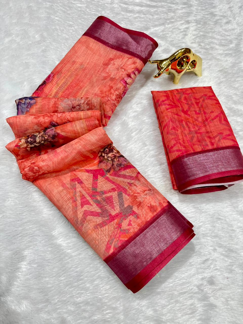 Linen Cotton Saree with Zari Weave Border & Floral Digital Prints