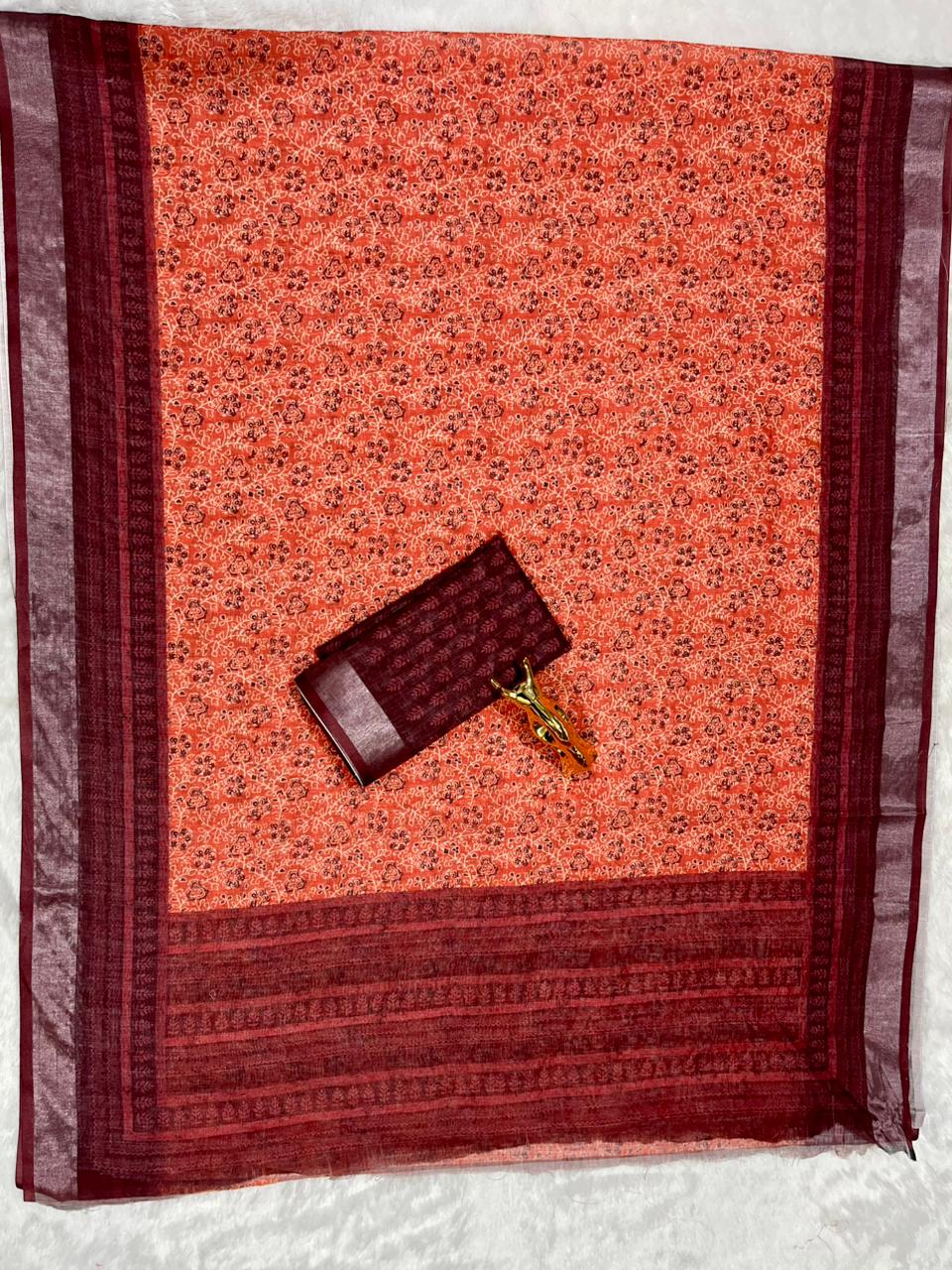 Linen Cotton Saree with Zari Weave Border & Floral Digital Prints