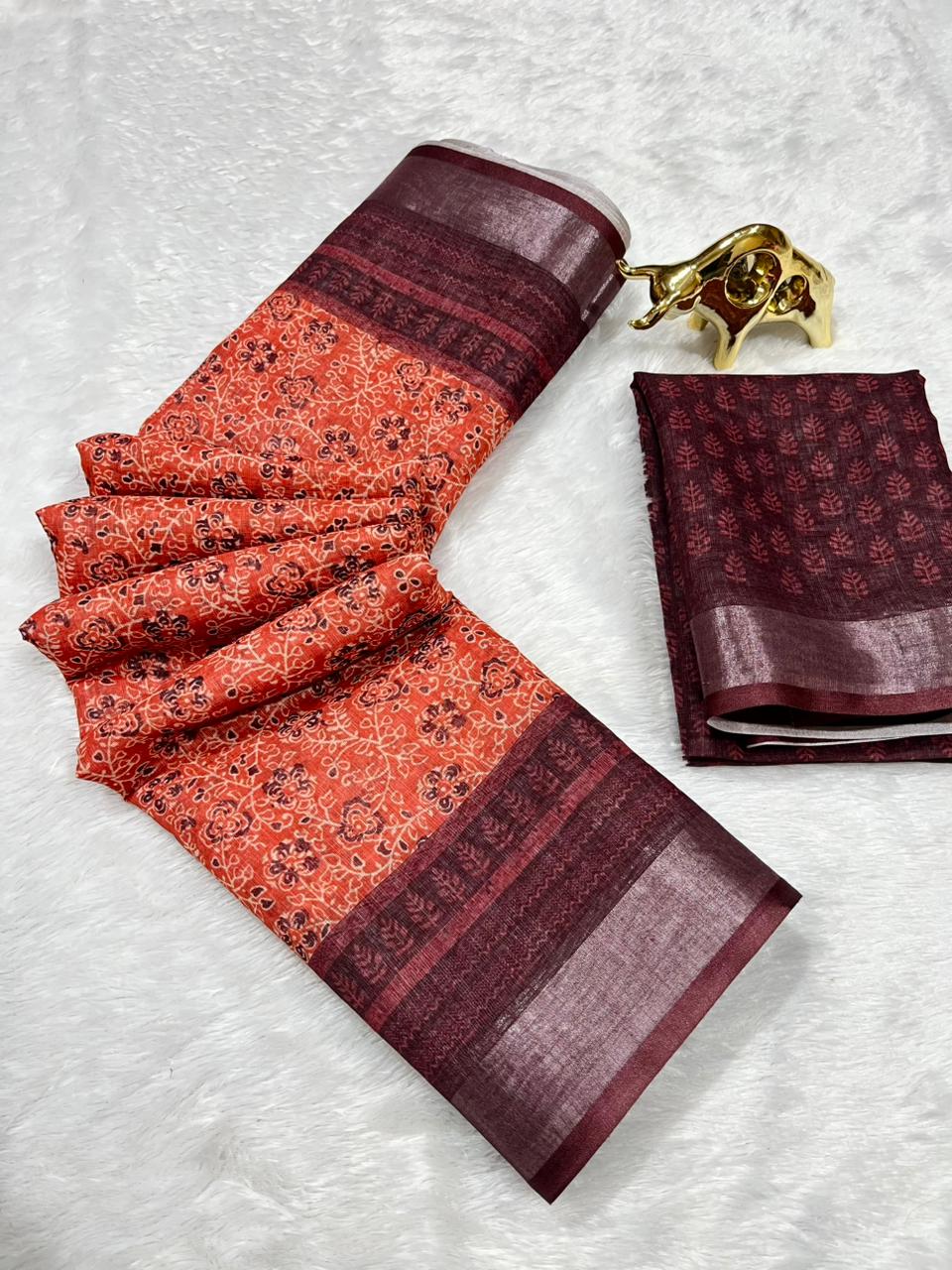 Linen Cotton Saree with Zari Weave Border & Floral Digital Prints