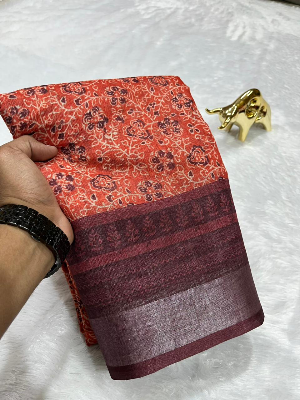 Linen Cotton Saree with Zari Weave Border & Floral Digital Prints