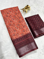 Linen Cotton Saree with Zari Weave Border & Floral Digital Prints