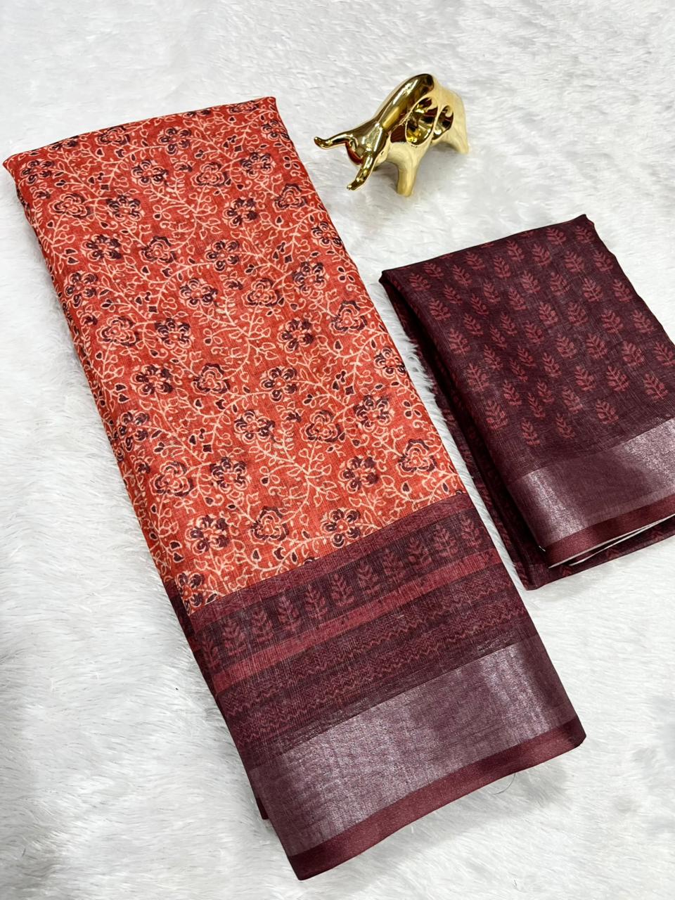 Linen Cotton Saree with Zari Weave Border & Floral Digital Prints