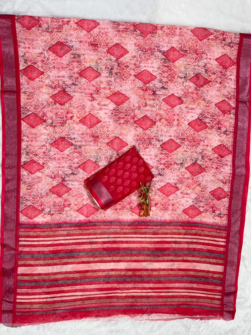 Linen Cotton Saree with Zari Weave Border & Geometric Digital Prints