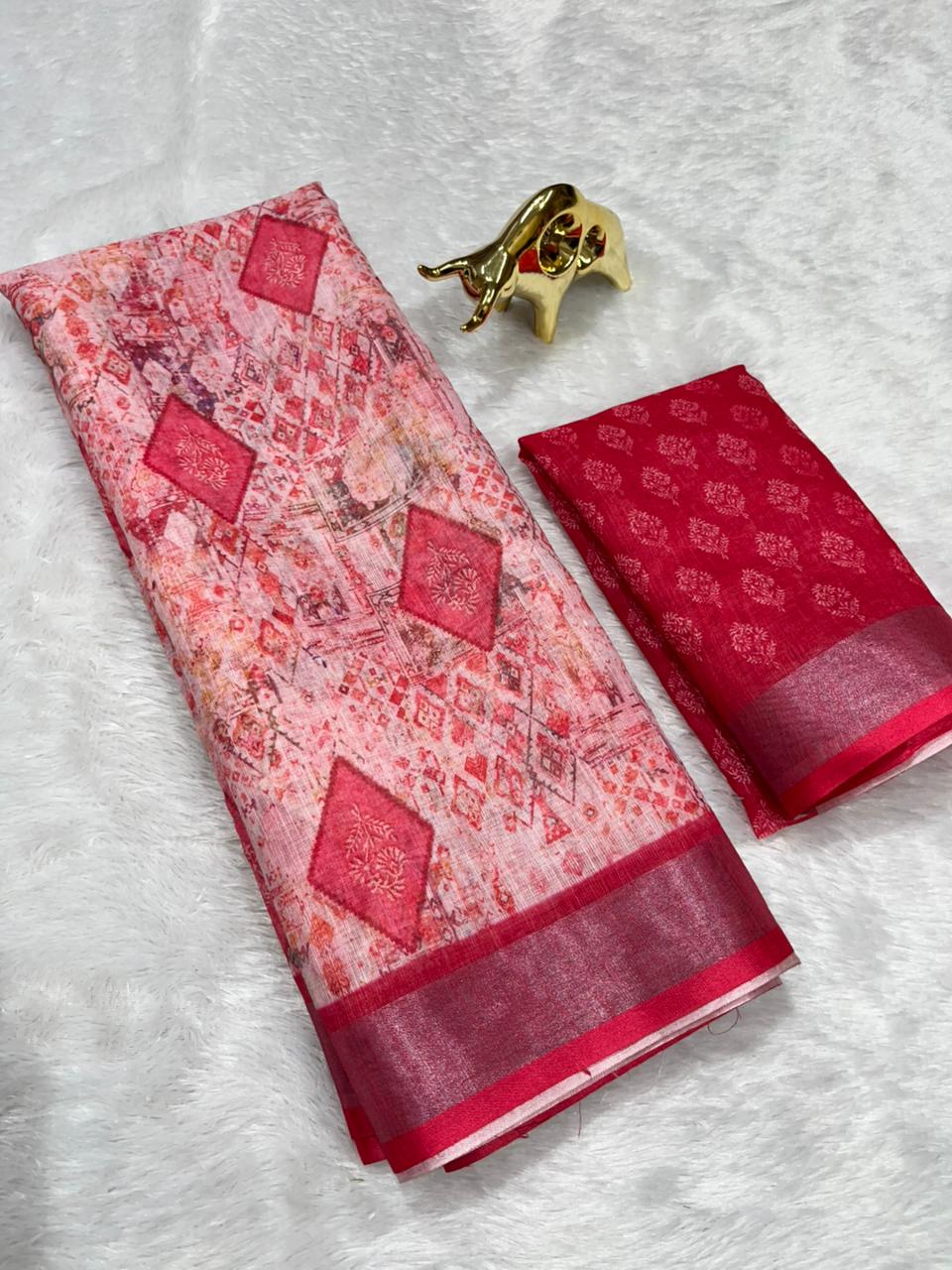 Linen Cotton Saree with Zari Weave Border & Geometric Digital Prints