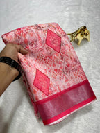 Linen Cotton Saree with Zari Weave Border & Geometric Digital Prints