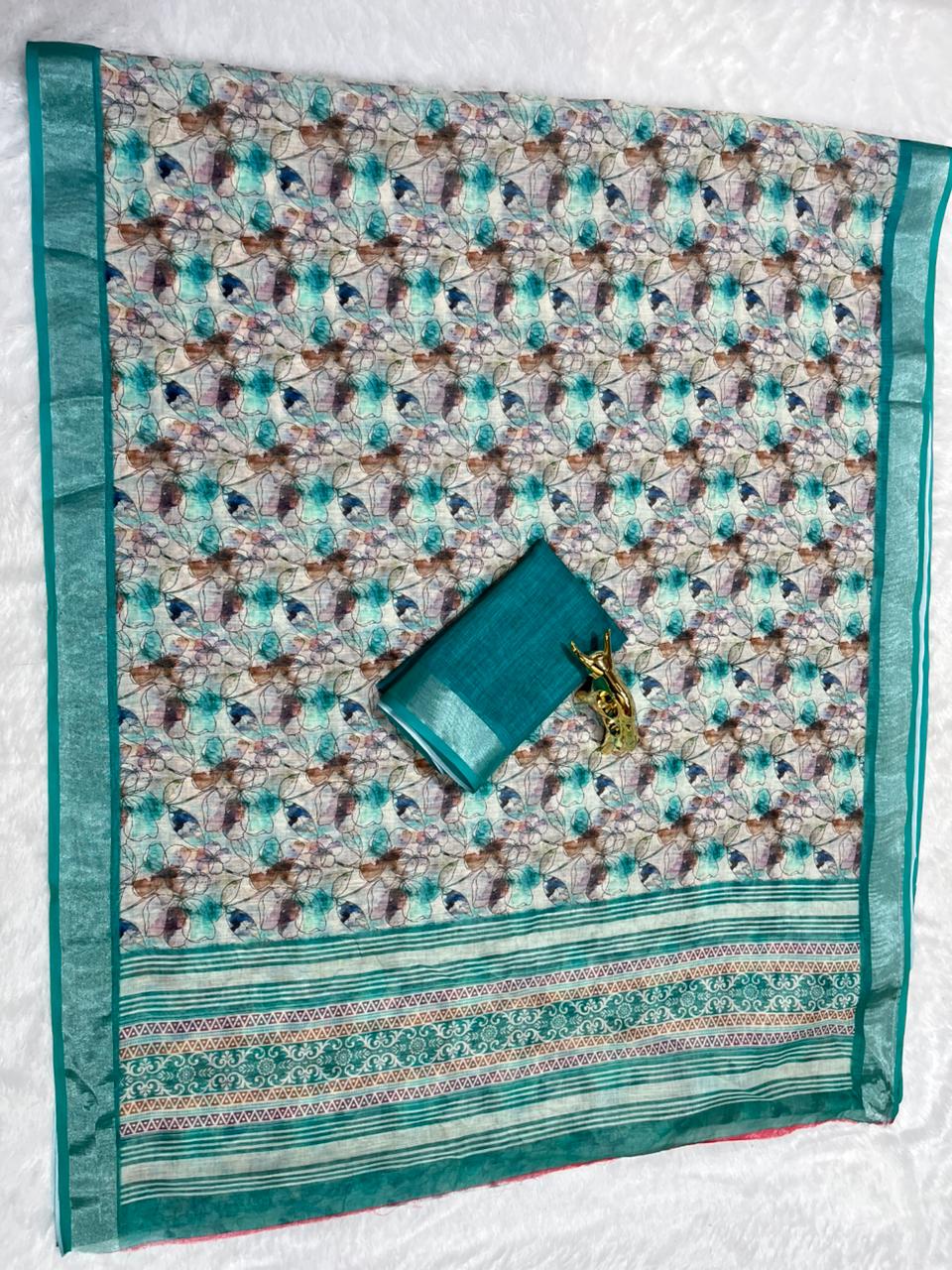 Linen Cotton Saree with Zari Weave Border & Floral Digital Prints