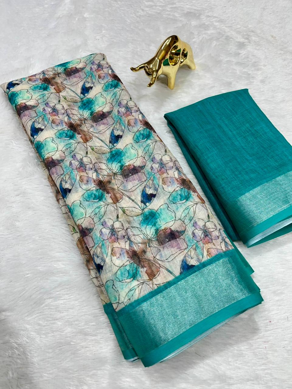 Linen Cotton Saree with Zari Weave Border & Floral Digital Prints