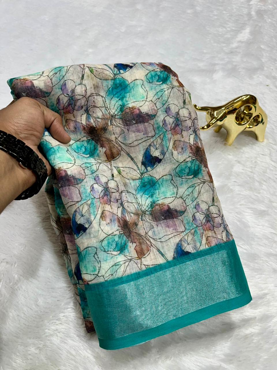 Linen Cotton Saree with Zari Weave Border & Floral Digital Prints