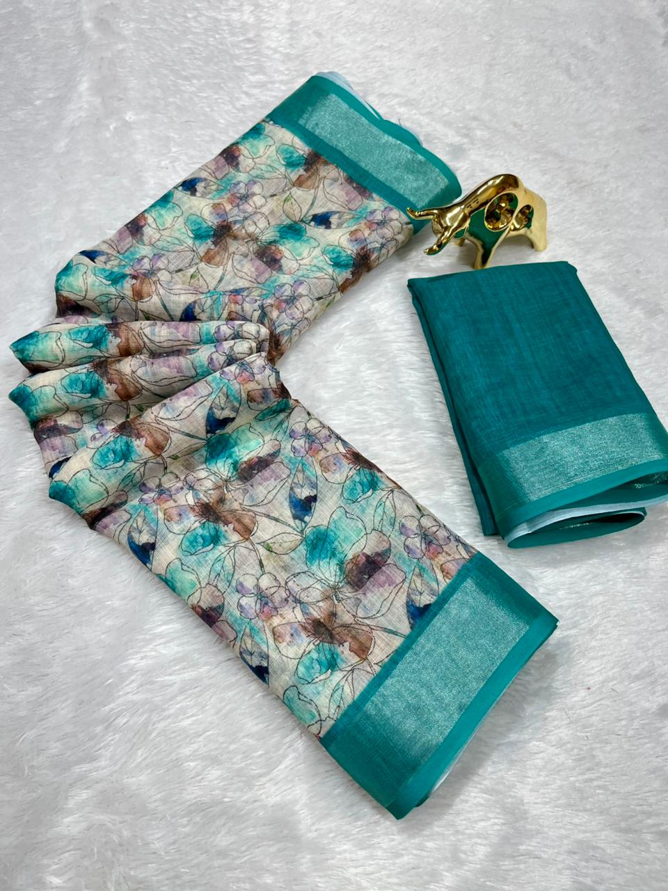 Linen Cotton Saree with Zari Weave Border & Floral Digital Prints