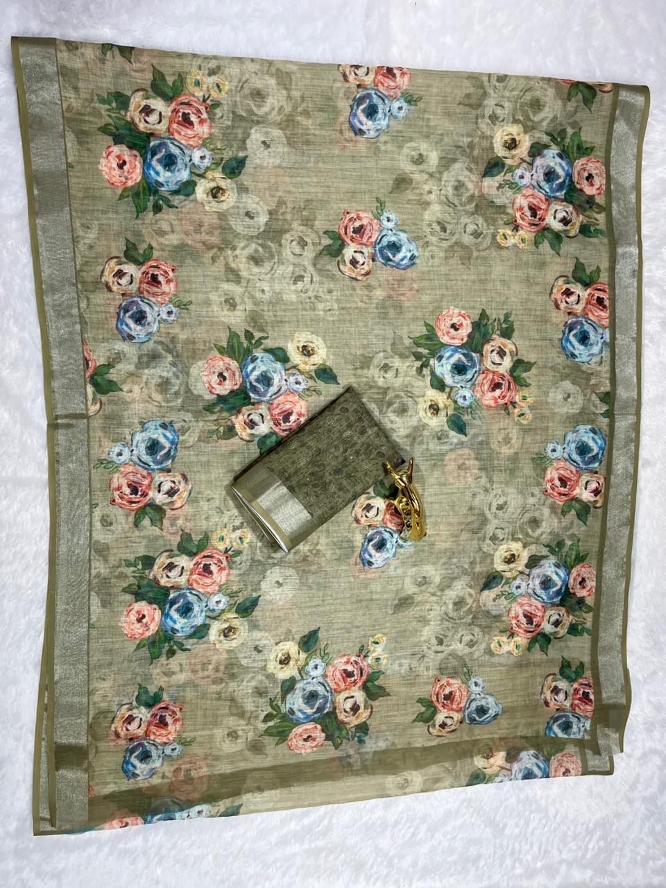 Linen Cotton Saree with Zari Weave Border & Floral Digital Prints